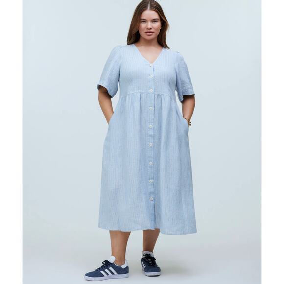 Madewell Cassie Button-Front Midi Dress in Linen - powder blue 2X Flowy Roomy - Picture 1 of 9
